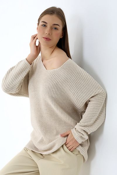 Devinka Women's Stone Oversize Casual V-Neck Knitwear Sweater