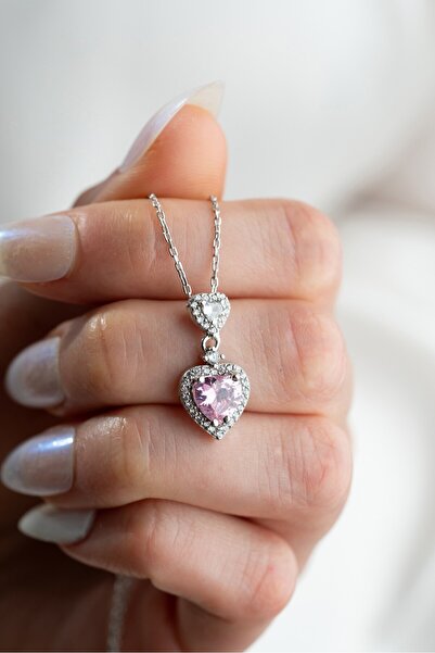 ESSARE 925 Ayar Gümüş Rodyum Kaplama Pembe Taşlı Çift Kalpli Kolye