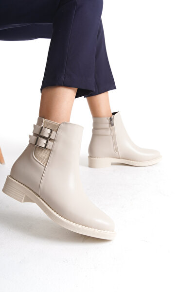 Limeo Low Heel Side Zipper and Double Buckle Detail Women's Beige Booties