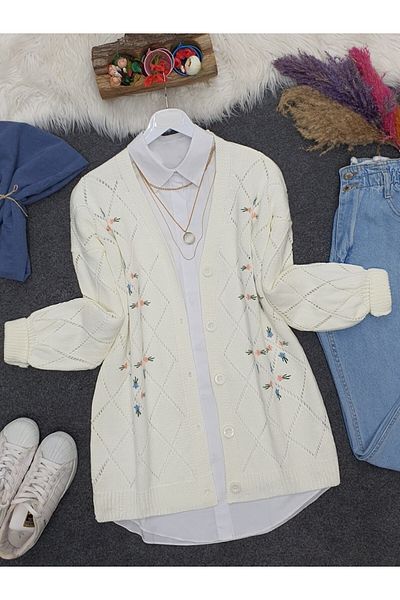 Modamorfo Durchbrochener, mit Blumen bestickter Strick-Cardigan mit Knöpfen