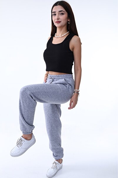 POLYMOOD Kadın Gri Kışlık Kalın Şardonlu 3 İplik Eşofman Altı Pantolon