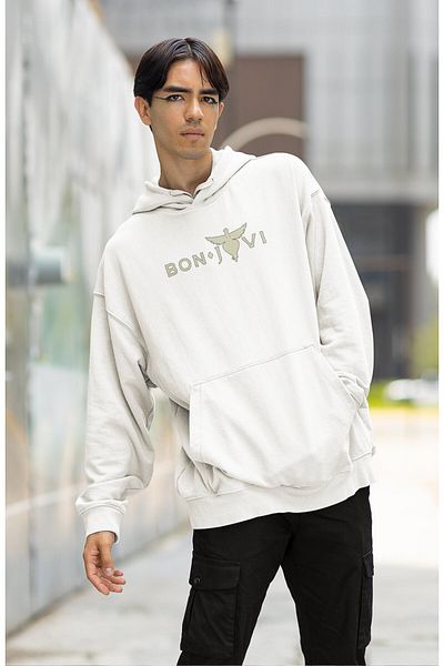 Fuddy Moda Φούτερ με κουκούλα Unisex Bonjovi με στάμπα στην πλάτη, φούτερ με κουκούλα με στάμπα Rock Band