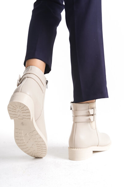 Limeo Low Heel Side Zipper and Double Buckle Detail Women's Beige Booties