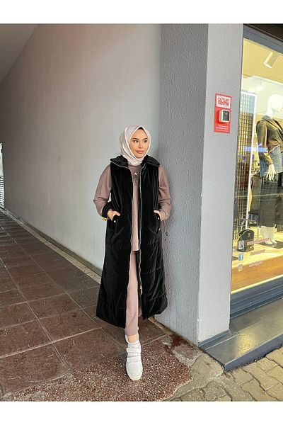 Minel سترة نسائية سوداء طويلة بحزام