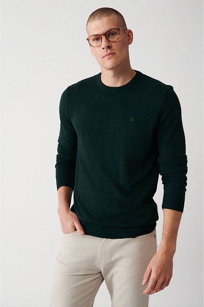 Avva Men's Green Crew Neck Non-Pilling Knitwear Sweater E 005000