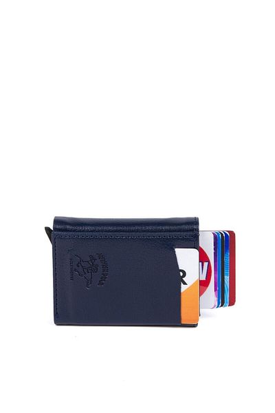 Newish Unisex Navy Blue Vegan Leather Aluminum Mechanism Slide Card Holder Wallet with Paper Coin Compartment