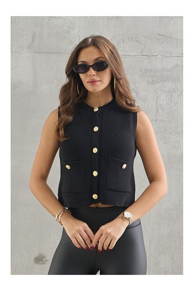 Elif Özbey Butik Vestă groasă cu buzunar cu nasturi aurii negru