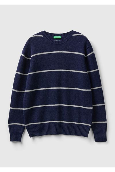 United Colors of Benetton Мъжки тъмносин пуловер на 100% Shetland тънки райета