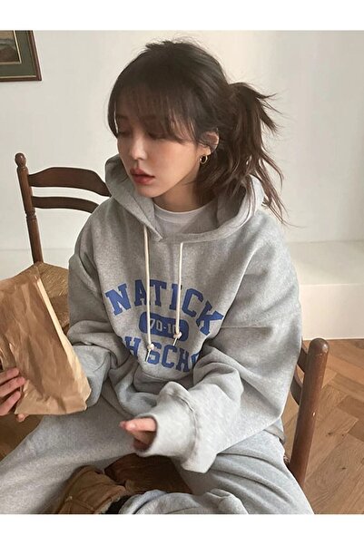 Mythologie Natick High School Combined Top and Bottom Tracksuit Set - Gray Printed Oversized Rubber Leg Hooded