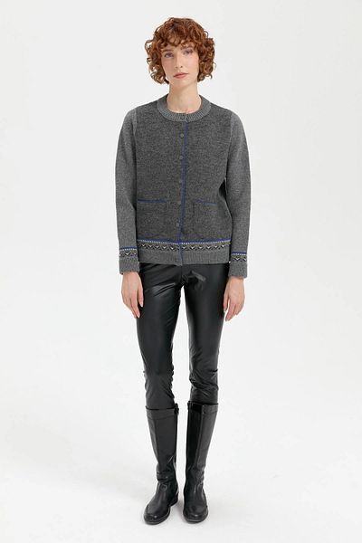 Desen Triko Women's Woolen Jacket in Smoke Color - Crew Neck and Print Sleeves 24085