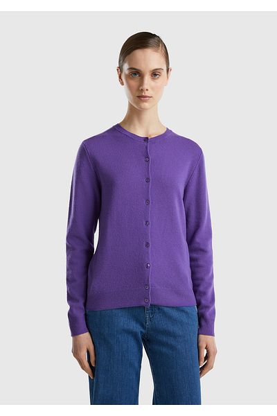United Colors of Benetton Cardigan Merino pentru damă, mov, cu decolteu