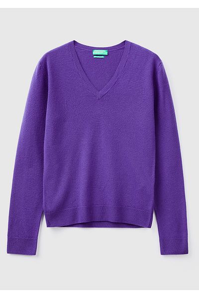 United Colors of Benetton Pulover de damă merinos cu decolteu în V violet