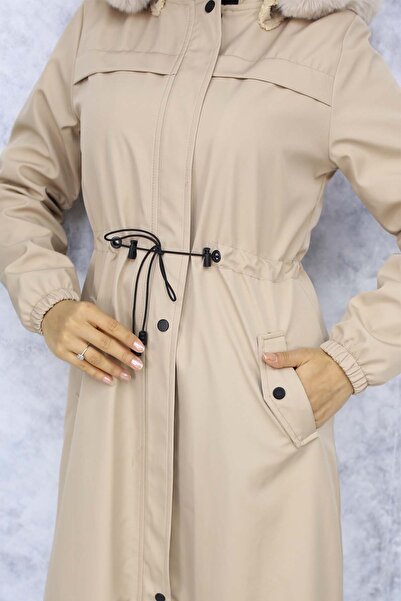 benguen 1051 Model Beige Long Bondit Coat with Plush Inside and Fur Collar