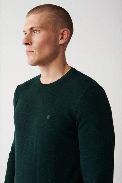 Avva Men's Green Crew Neck Non-Pilling Knitwear Sweater E 005000