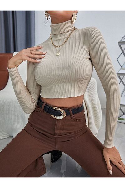 ÖZ PAMUK Women's Turtleneck Crop Knitted Knitwear Sweater