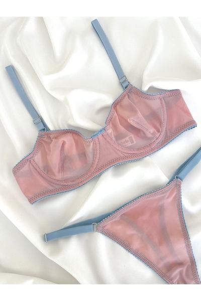 Arinda Coverless Underwire Double Color Tulle Lingerie Set with Jane Sides Detail