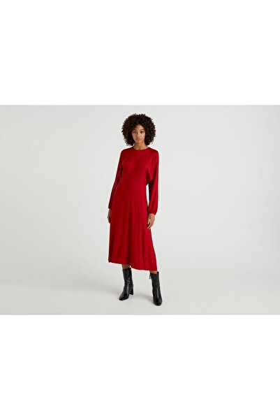 United Colors of Benetton Γυναικείο μακρύ βισκοζέ φόρεμα μπορντό