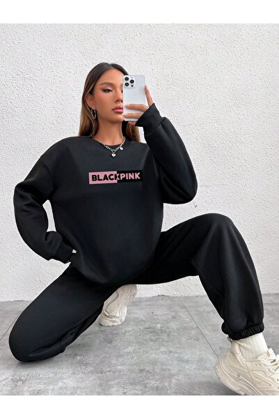 Frisson Μαύρο Jogger Sweatpants και Crew Neck Μαύρο ροζ φούτερ