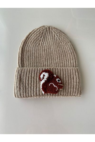 byebruketenci Luxury Beige Wool Kids-Youth Beret - Squirrel Punch Detailed
