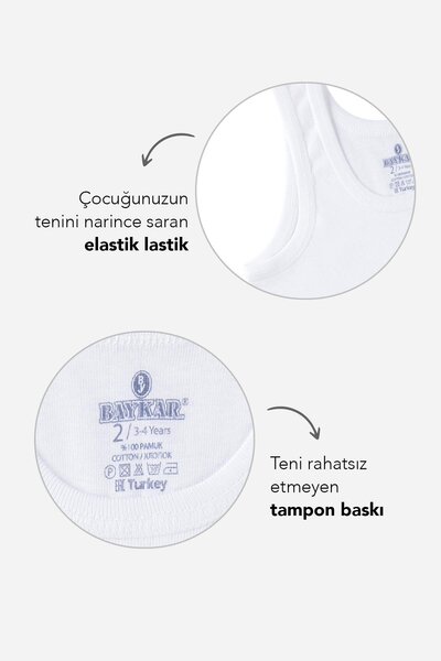 BAYKAR Erkek Çocuk Oval Yaka Organik Pamuklu Atlet 6'lı Paket Beyaz