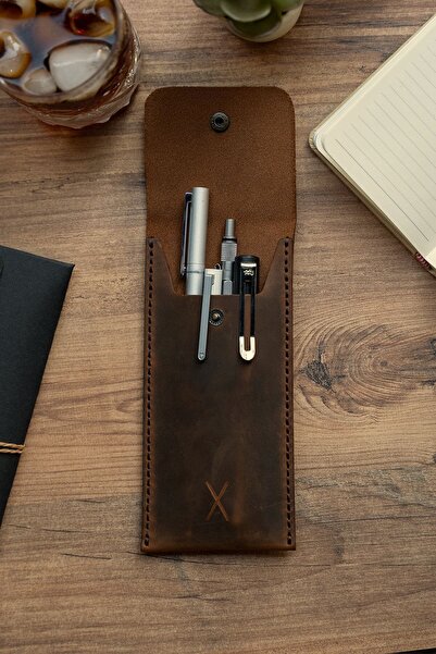 minimal X design Minimal X Leather Pen Holder - Tan - Real Leather & Handmade - Simple Stylish Minimalist Design