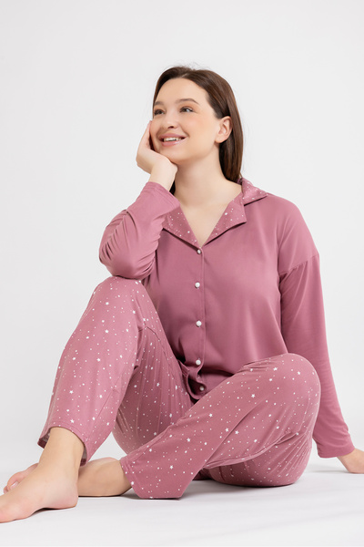 Ecrou Kadın Pudra Yıldız Bebe Yaka Pantolon 2 Li Pijama Takım