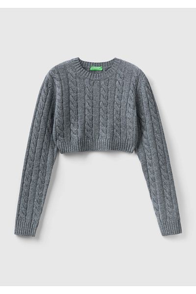 United Colors of Benetton Antracit Melange Wool Blend - Pulover de damă cu împletitură de păr