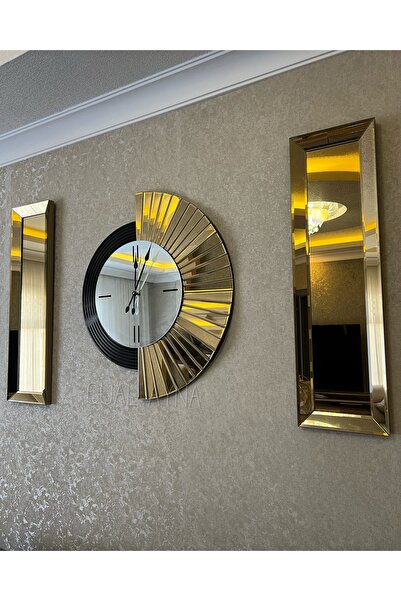 QUAL 3’lü Gold Aynalı 70 cm Yelpaze Saat ve 25*90 cm Gold Aynalar Seti