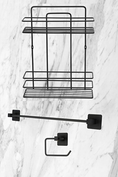 Aktel Banyo Μαύρο αυτοκόλλητο σετ μπάνιου 3 τεμαχίων Θήκη για πετσέτες Θήκη γ...