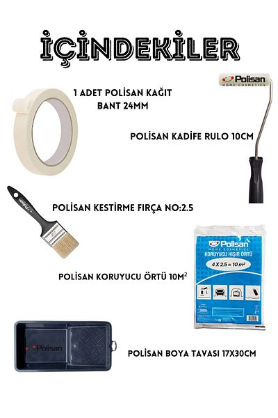 Polisan Practical Paint Application Kit - Polisan, Roll, Tape, Cover, Cutting Brush and Paint Pot