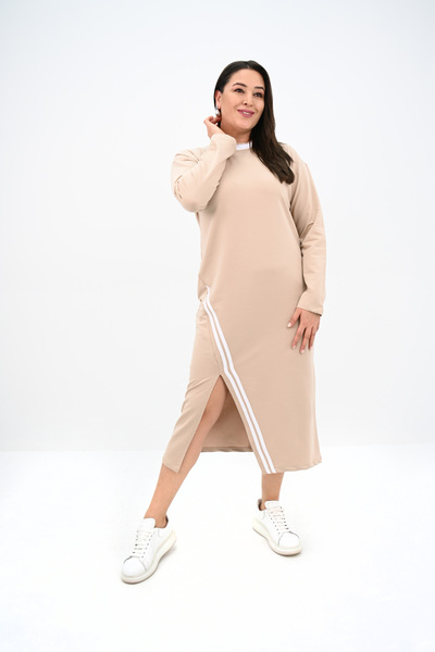 Koza Butik Γυναικείο Μακρύ Φόρεμα Plus Size Διπλής Λωρίδας με Λεπτομέρειες 5279-25