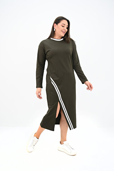 Koza Butik Γυναικείο Μακρύ Φόρεμα Plus Size Διπλής Λωρίδας με Λεπτομέρειες 5279-25