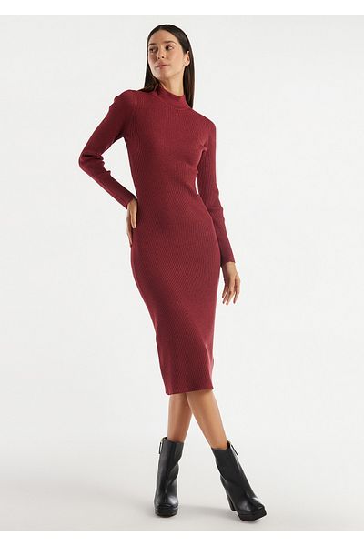 United Colors of Benetton Burgundy Glitter Midi Dress - Long Sleeve, Stand Collar