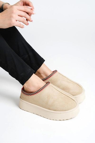 TOLİA Tazz Beige Suede Ankle Boots with Furry Inside Flat Sole Women's Shoes