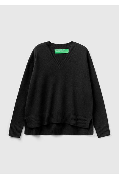 United Colors of Benetton Pulover drapat cu decolteu în V, amestecat de lână neagră, cu fante laterale