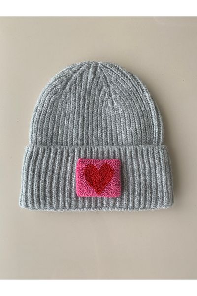 byebruketenci Luxury Gray Wool Kids-Youth Beret - Pink Heart Punch Detailed