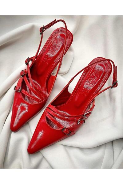 Zuum Konde %100 Hakiki Deri 3 Bantlı Tasarım Topuklu Kadın Ayakkabı - Kırmızı Rugan