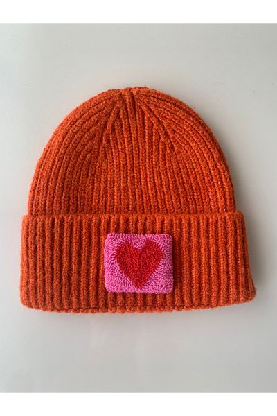byebruketenci Luxury Orange Wool Kids-Youth Beret - Pink Heart Punch Detailed