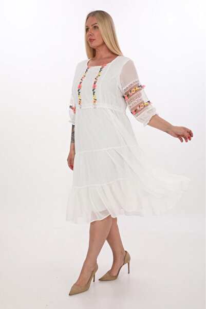 etselements White Midi Evening Dress - Floral Print, Model 5037