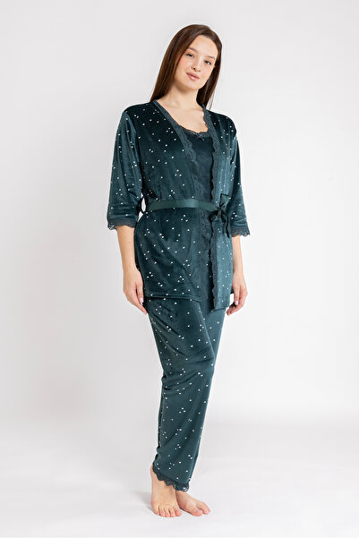 Ecrou Kadın Zümrüt Kalp Kadife İp Askı Sabahlık Pantolon 3 Lü Pijama Takım