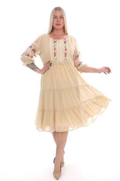 etselements Beige Midi Length Evening Dress - 5037 Model in Floral Embroidered Chiffon Style