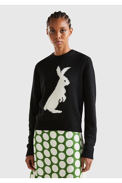 United Colors of Benetton Pulover de cașmir negru cu model iepure - Femei
