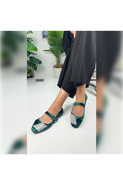 Nstil Green Velvet - Stone Detailed Oval Toe Single Band Buckle Casual Women's Shoes 285