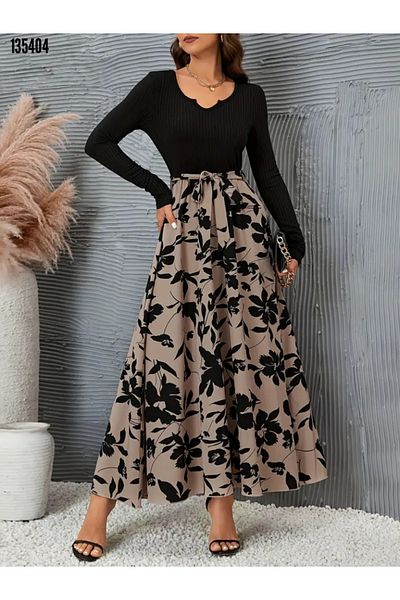 Kokosh moda Women S Belted Floral Print Long Diver Fabric Dress