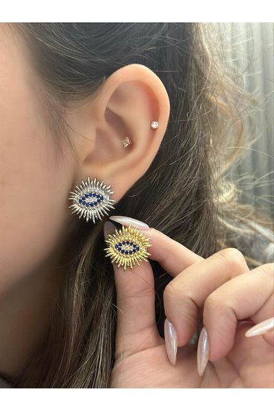 MyladyAccessoriess Silver Blue Stone Detailed Eye Earrings with Eyelashes (Steel)