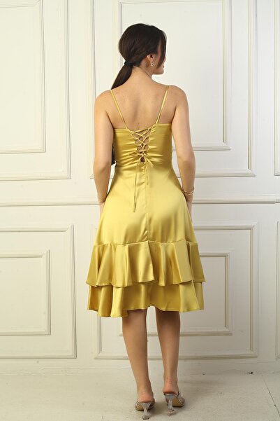 By Saygı Women's Rope Strap Front Draped Lined Hem Double Layer Flounce Satin Dress