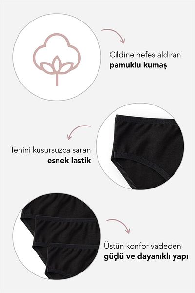 BAYKAR Chiloți de bază din bumbac pentru fete, cu tăiere în bikini, pachet de 3 negru