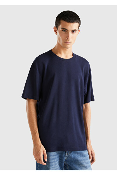 United Colors of Benetton تي شيرت رجالي أزرق داكن 100٪ قطن وافل للرجال