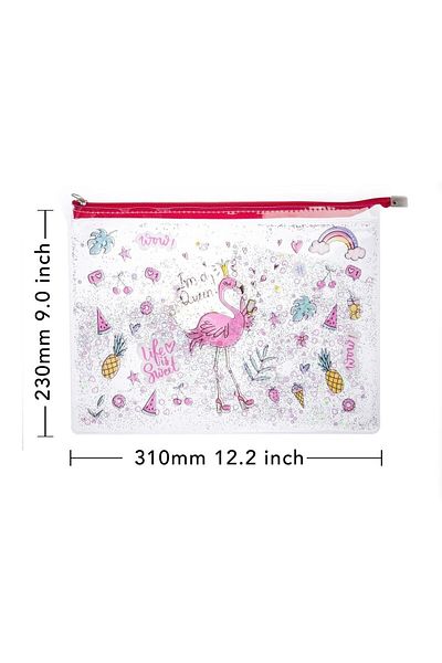 VUKİ Clear A4 File with Flamingo Glitter and Watery Zipper