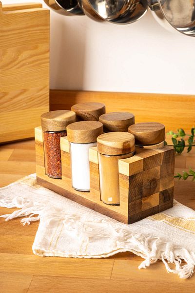 FH finehome Odin 6-Piece Stand Acacia Spice Rack